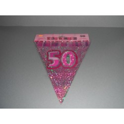 déco : guirlande 6m  de 15 fanions en plastique « chiffre 50 » rose